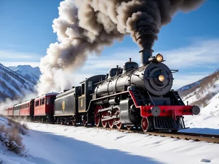 Tuinposter a vintage steam train traveling through snowy, mountainous terrain. © A_A88