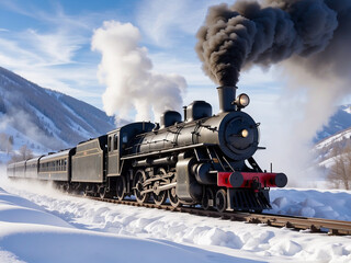 a vintage steam train traveling through snowy, mountainous terrain.