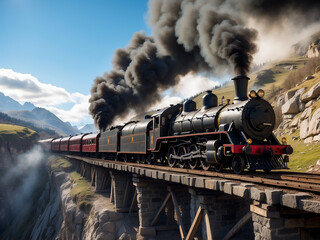 a vintage steam train, going full throttle over a bridge in mountainous terrain.