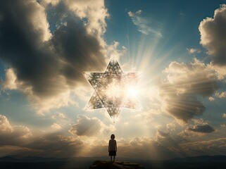 A little boy stands in front of the star of David shining in the sky in the clouds. Generated by AI.
