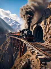 a vintage steam train, going full throttle over a bridge in mountainous terrain.