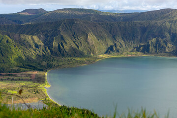Lagoa do Fogo with mountain range. Sao Miguel Island, Azores, Portugal