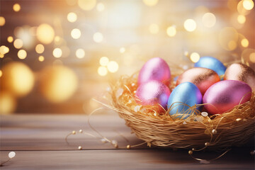 Fototapeta na wymiar Beautiful shiny eggs in a brown basket on a wooden table against a golden bokeh background, background for Easter