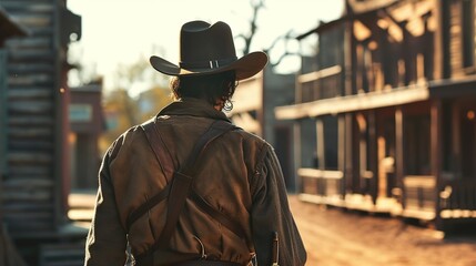 Back view of cowboy in wild west town. Created with Generative Ai technology. - obrazy, fototapety, plakaty