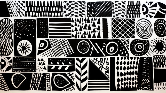 Seamless vector pattern. Black and white geometrical background with hand drawn decorative tribal elements.