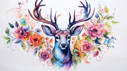 Foto op Plexiglas Watercolor deer with flowers and leaves on white background. © HA