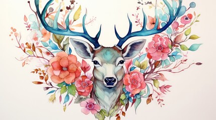 Watercolor illustration of a deer with flowers and leaves on white background