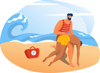 Lifeguard performing CPR on drowning victim at beach. First aid, emergency medical service at sea. Rescuer saving life of a male swimmer. Safety and urgent assistance vector illustration