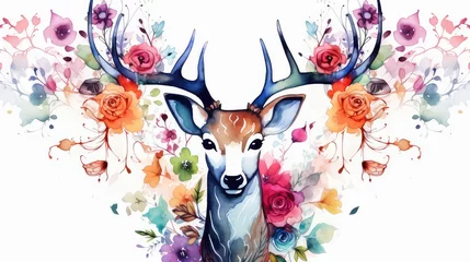  Watercolor deer with flowers and leaves on white background. © HA