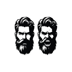 set of bearded man face hipster with various emotions vector silhouette black and white