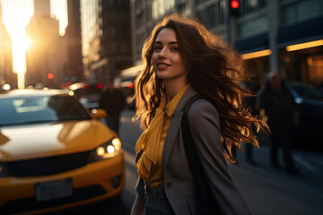 A happy and stylish young woman walks down a city street on a sunny day, exuding cheerful beauty.