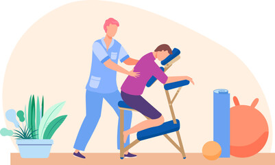 Male massage therapist giving back massage to female client in chair. Relaxation and wellness therapy session. Health care, physiotherapy and stress relief vector illustration.