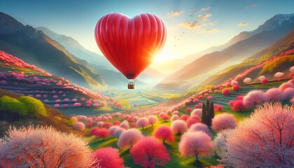 Red heart-shaped balloon, flowering valley, valentines day card, cupid, love, celebration, sunset. Festive, romantic joy - obrazy, fototapety, plakaty