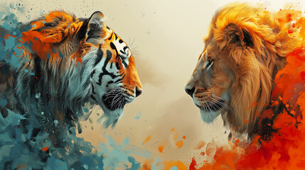 artwork shows a Bengal tiger and a male lion facing each other, emerging from a splash of orange...