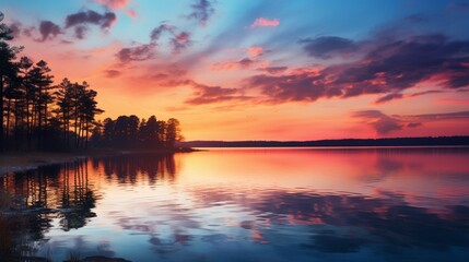 Fototapeta na wymiar A serene, pastel-hued sunset over a calm, reflective lake.