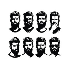 set of bearded man face hipster with various emotions vector silhouette black and white