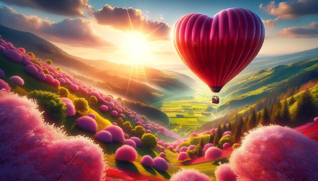 Valentines day card - red heart shaped balloon. Love, celebration, cupid, Flowering valley, sunset. festive, romantic