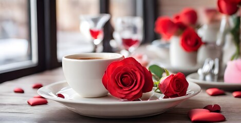 cup of coffee and rose white, beverage, flowers, red, food, hot, table, morning, saucer, pink, cafe, bouquet, closeup, love, isolated, teacup, romantic, plate