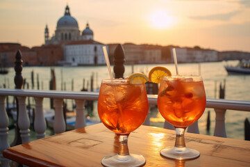 Two Aperol Spritz in Venice, in the background the view on town