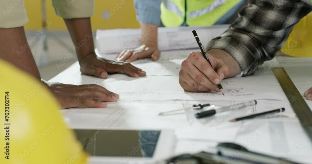 Poster Engineering, blueprint teamwork and hands at construction site for building development, drawing or sketch lines. Group of people with floor plan and brainstorming for architecture or design solution