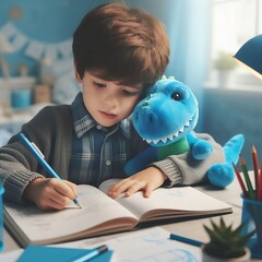 World Education Day January 24th little boy studying with his stuffed dinosour in blue background