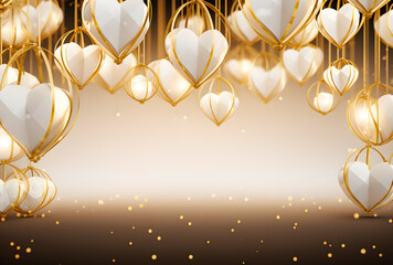 Valentine's day background with golden hearts and bokeh lights