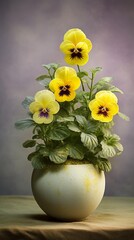 Colorful multicolored flowers Pansies in a pot on the table on the background of a colored wall