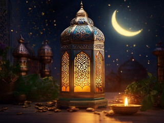 Muslim lamp and RAMADAN KAREEM on light background
