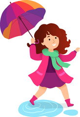 Happy little girl with curly hair playing in rain, holding colorful umbrella. Child wearing coat, enjoying puddles. Joyful childhood and autumn playtime vector illustration.