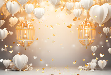 Valentine's day background with golden hearts and bokeh lights