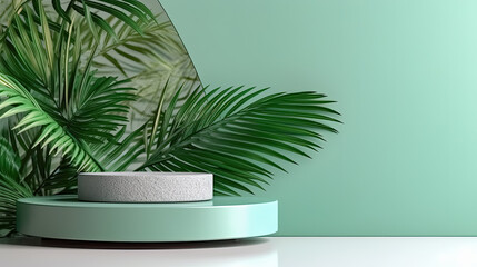 Obraz premium White podium on a serene mint background adorned with graceful palm leaves