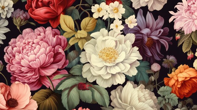 Seamless floral pattern with dahlias and chrysanthemums. Vector illustration.
