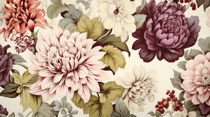 Seamless floral pattern with dahlias in retro style.