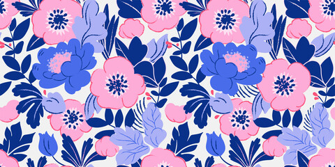 Decorative seamless floral pattern. Design for textile, fabric, wallpaper, web, print. Pink and blue stylized flowers and plants.  - 707303933