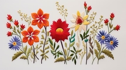 Folk art, handmade. Embroidery flowers on a white background.