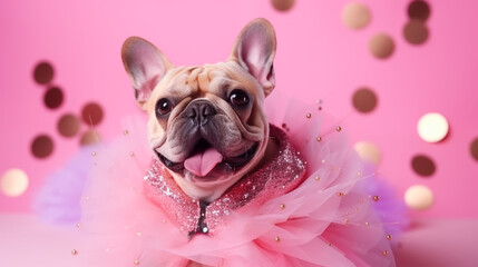 Portrait of cute bulldog puppy on a pink background - obrazy, fototapety, plakaty