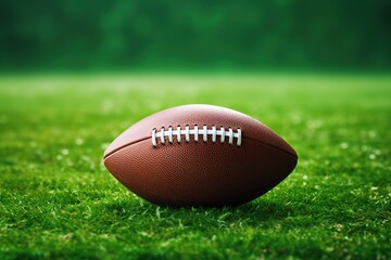 Leather american football ball on green football field