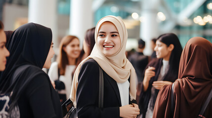 young asian muslim businesswoman smiling at camera with her team in the background while standing in office