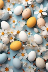 Colorful Easter Eggs on Blue Background with Spring Flowers