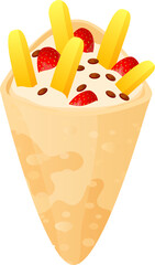Crepe with strawberries, mango slices, and chocolate chips. Sweet crepe dessert closeup. Tasty breakfast food vector illustration.