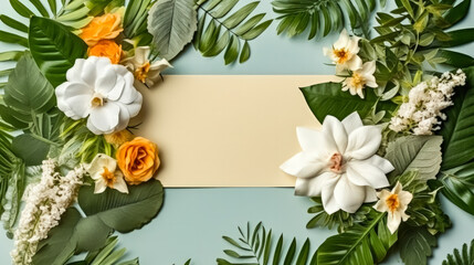 Embrace the tropical vibe with a vibrant frame of leaves and roses