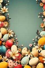 Colorful Easter eggs with spring blossom flower, Holiday border.