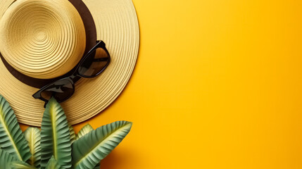 Top view of summer items, stylish straw hat and sunglasses on bright background