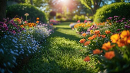 Beautiful well-kept spring garden. The green lawn emphasizes the full bloom of flowers in the mixborder. Diverse floral spectrum of tulips, daffodils, hyacinths. - 707305380