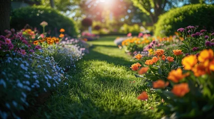 Tuinposter Beautiful well-kept spring garden. The green lawn emphasizes the full bloom of flowers in the mixborder. Diverse floral spectrum of tulips, daffodils, hyacinths. © Татьяна Креминская