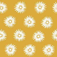 Fototapeta na wymiar Abstract white flowers seamless pattern on yellow background. Geometric circle repeat pattern in minimalist style. Fabric, paper, clothing spring summer design.