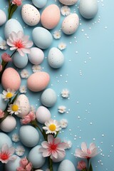 Fototapeta na wymiar Easter holiday concept. Easter picture, multi-colored eggs, spring flowers on a red background. Happy Easter
