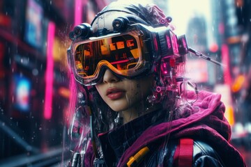 A young girl in cyberpunk style clothing against the background of a brightly glowing neon purple city