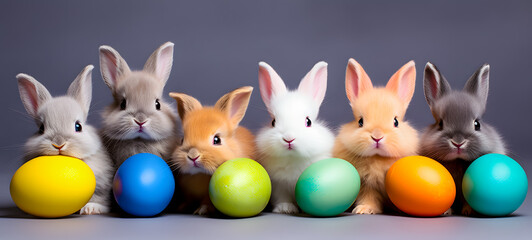 Group of easter bunnies with colorful eggs on grey background