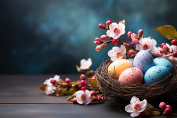 Obraz na płótnie Canvas Easter background with Easter eggs in bird nest. Spring holiday